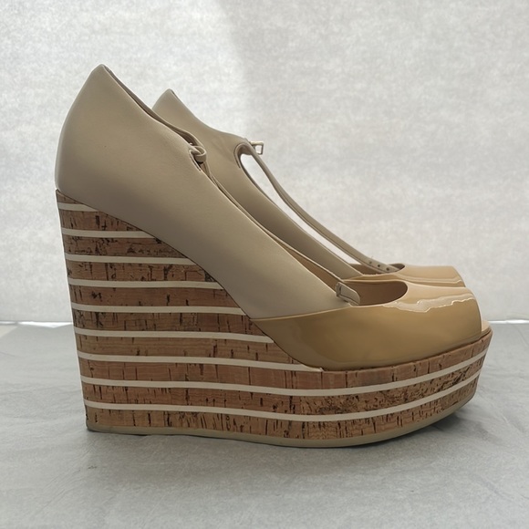 Gucci Striped wedge Mary Jane Pumps color cream Leather &Tan size 37 - Picture 1 of 12